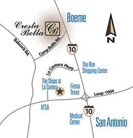 Map showing location of Cresta Bella in north-west San Antonio, Texas